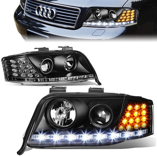 DNA Motoring, 02-04 Audi A6 Quattro LED DRL Projector Headlights - Black Housing