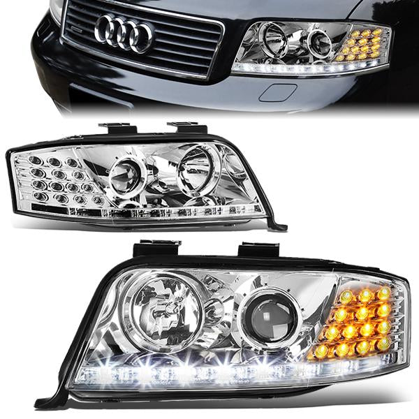 DNA Motoring, 02-04 Audi A6 Quattro LED DRL Projector Headlights - Chrome Housing