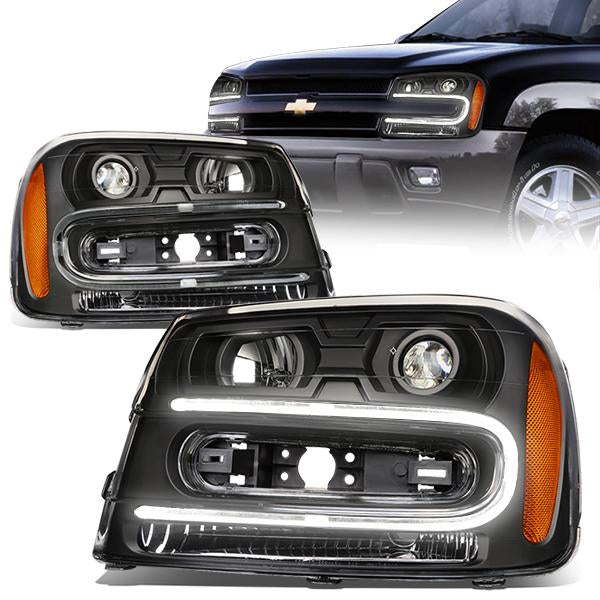 DNA Motoring, 02-09 Chevy Trailblazer EXT LED DRL Projector Headlights - Black Housing Amber Corner