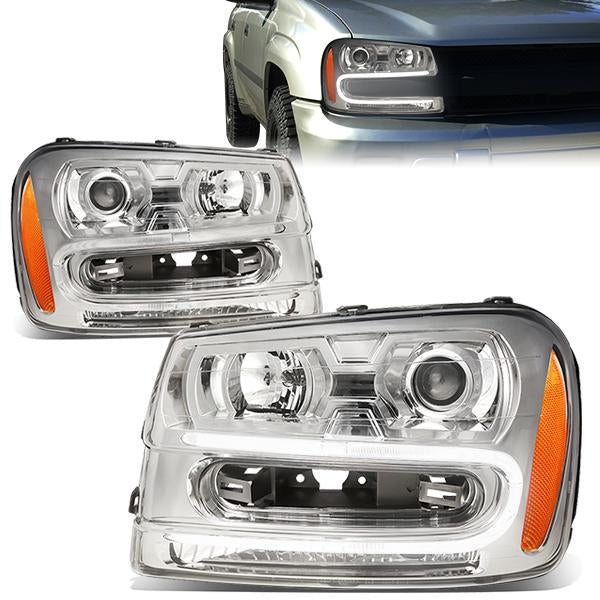 DNA Motoring, 02-09 Chevy Trailblazer EXT LED DRL Projector Headlights - Chrome Housing Amber Corner