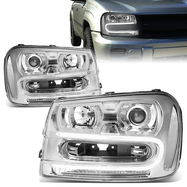 DNA Motoring, 02-09 Chevy Trailblazer EXT LED DRL Projector Headlights - Chrome Housing Clear Corner