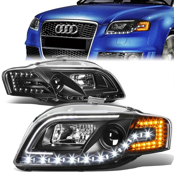 DNA Motoring, 05-08 Audi A4/S4 Sedan Wagon LED DRL+Turn Signal Projector Headlights - Black