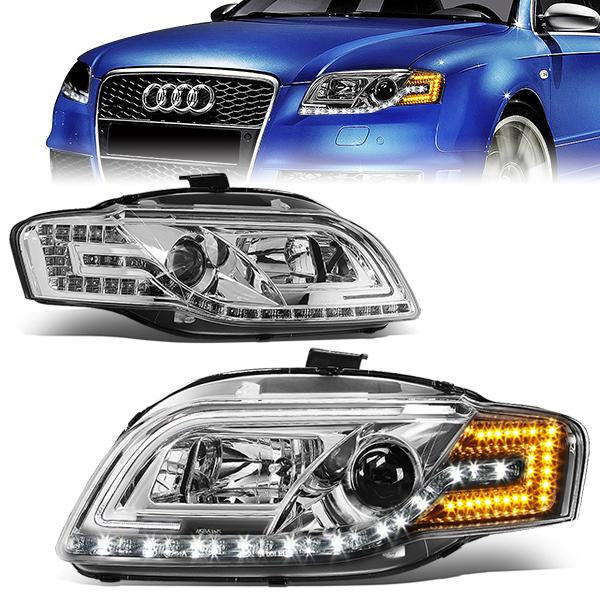 DNA Motoring, 05-08 Audi A4/S4 Sedan Wagon LED DRL+Turn Signal Projector Headlights - Chrome