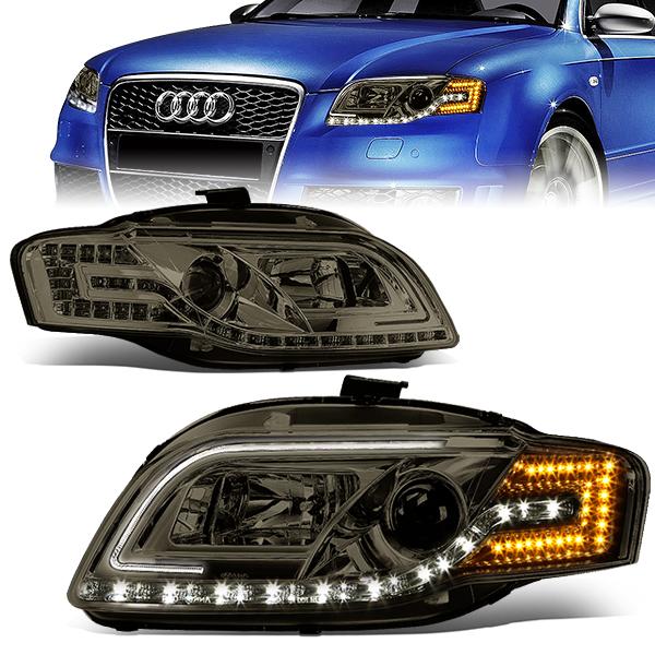 DNA Motoring, 05-08 Audi A4/S4 Sedan Wagon LED DRL+Turn Signal Projector Headlights - Smoked