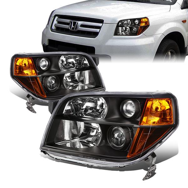 DNA Motoring, 06-08 Honda Pilot Projector Headlights - Black Housing Amber Corner