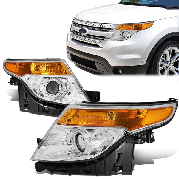 DNA Motoring, 11-15 Ford Explorer Projector Headlights - Chrome Housing Amber Corner